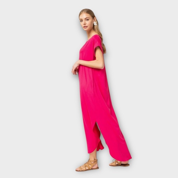 Jess Lea Casual Loose Fit Short Sleeve V-Neck Split Hem Maxi Dress Pink Large - Picture 3 of 10